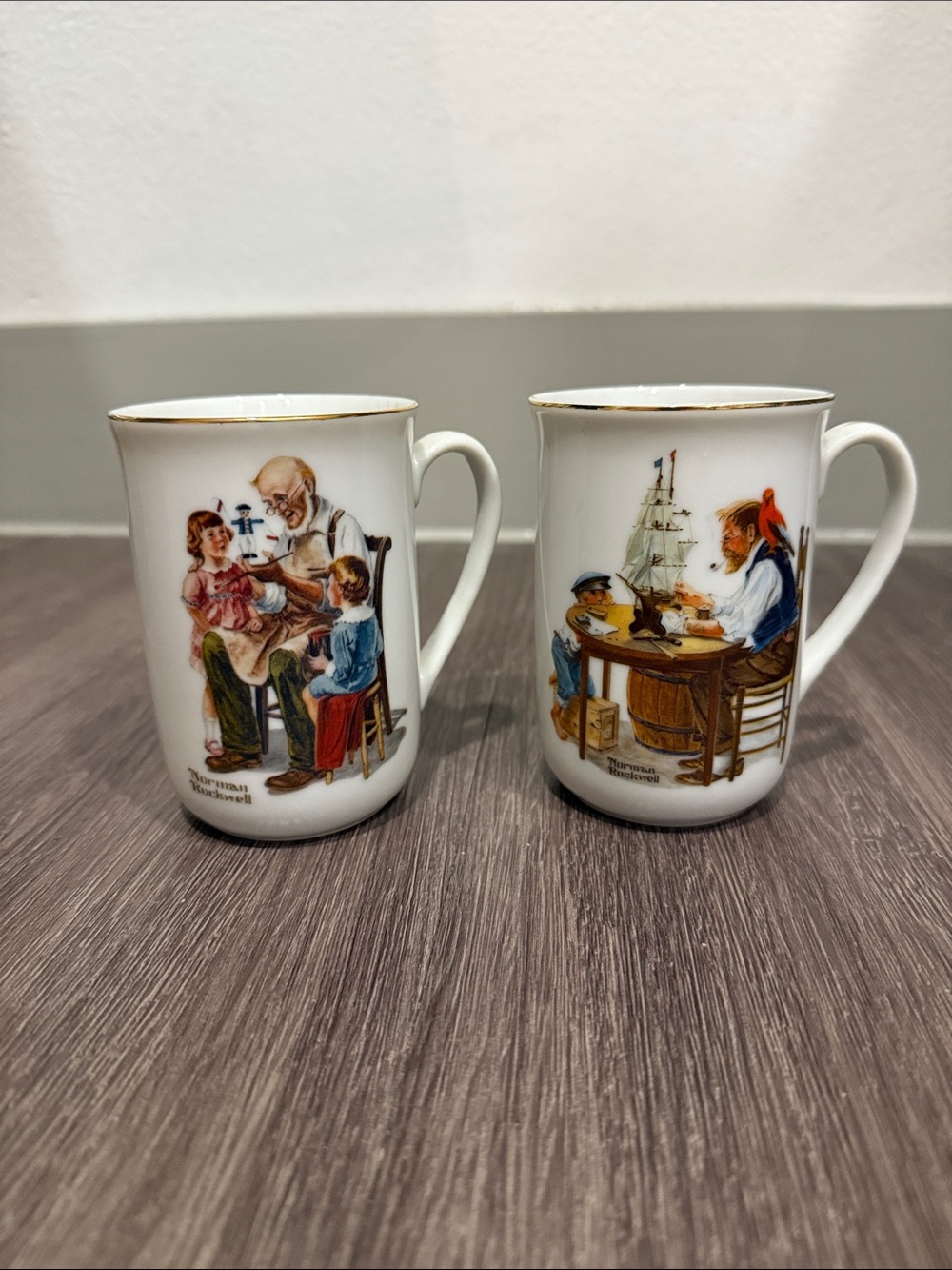 Pair of Norman Rockwell Vintage 1982 Mugs - The Toymaker & For A Good Boy